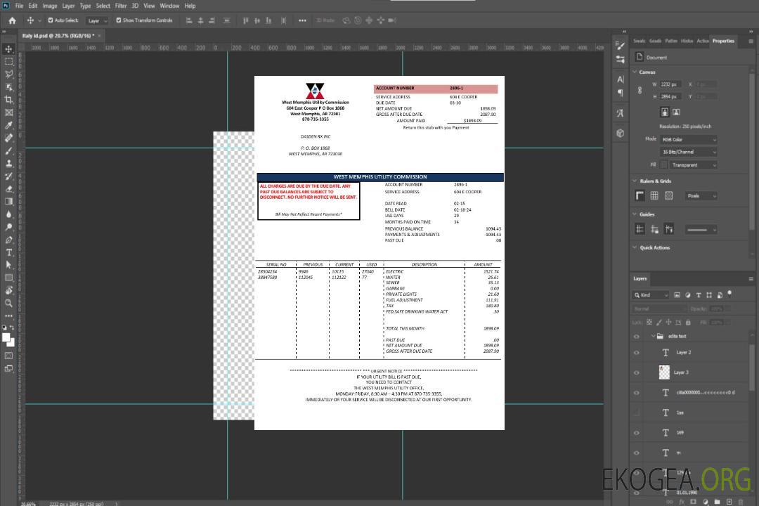 Modèle de facture de services publics d'entreprise USA Arkansas West Memphis aux formats Word et PDF template